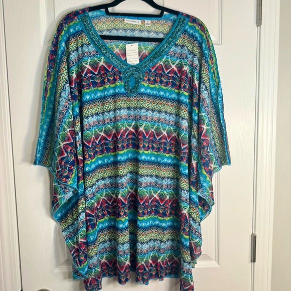 NWT. Susan Graver poncho style Top size 3X. Poncho. Green, blue, red - Picture 1 of 10